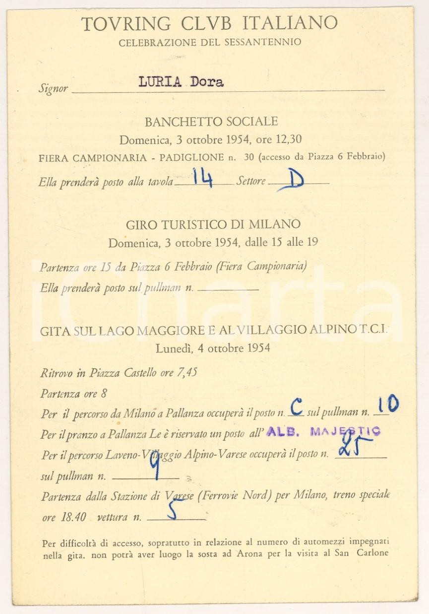 Oggetto da collezione cartaceo 1954 MILANO 60° TOURING CLUB Invito giro turistico della città e Lago Maggiore 1