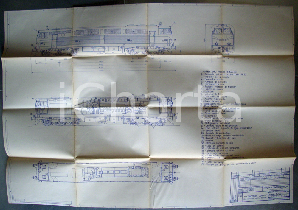 Stampa, bozzetto originale 1971 VALENCIA ES Progetto Locomotiva 3300 HP 84x59 cm 1