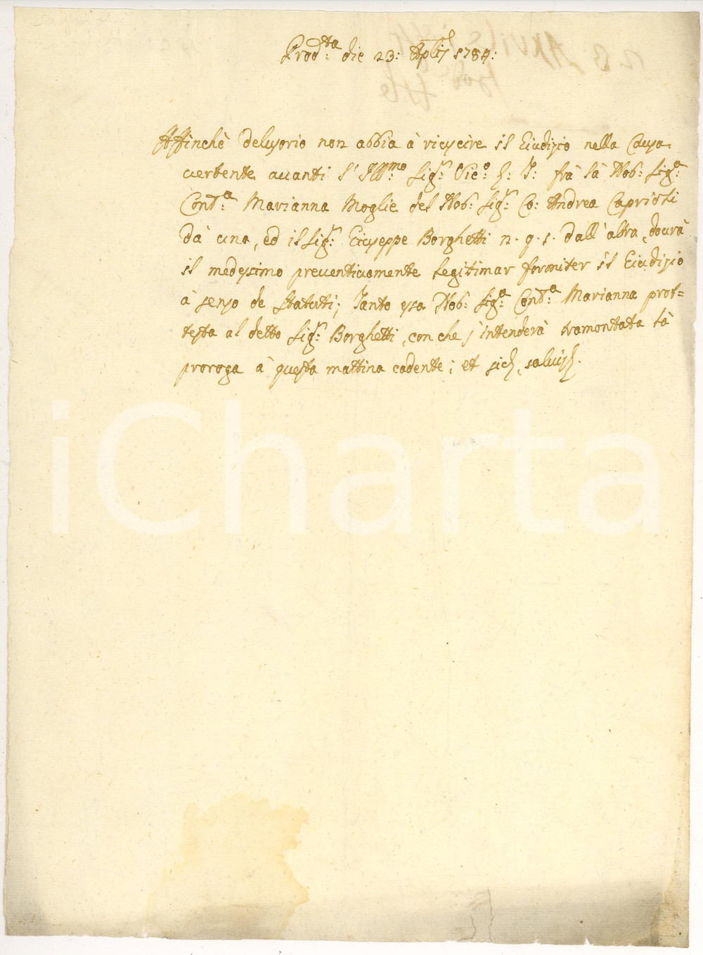 Documento originale, autentico 1784 BRESCIA Marianna CAPRIOLI vs Giuseppe BORGHETTI 1