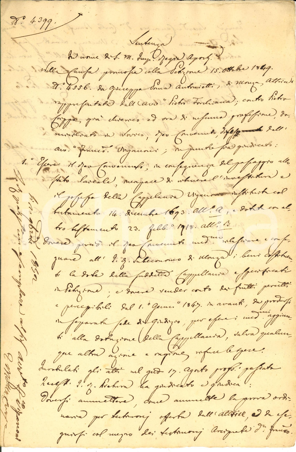 Documento originale, autentico 1852 MONZA Sentenza decadimento diritti Pietro CRIPPA su cappellania VIGANORIO 1