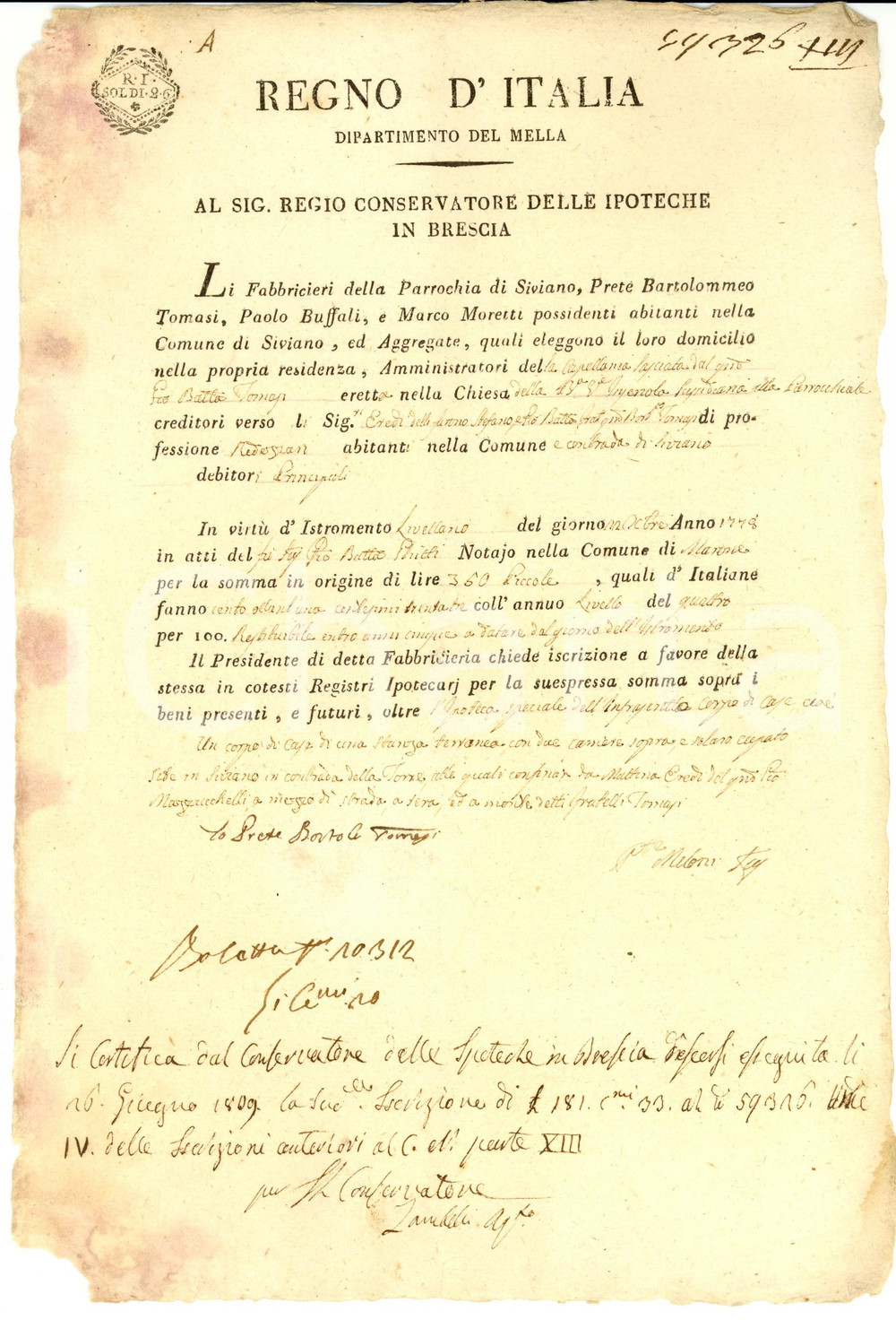 Documento originale, autentico 1809 SIVIANO F.lli TOMASI impegnano casa per debiti 1