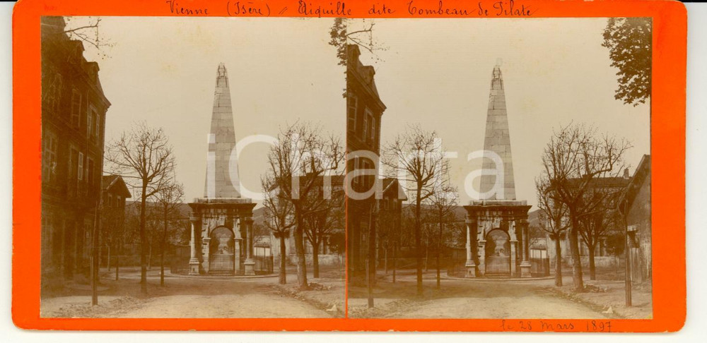 Fotografia d epoca originale 1897 VIENNE RhoneAlpes Tombeau de PILATE StÃ©rÃ©oscopie 1