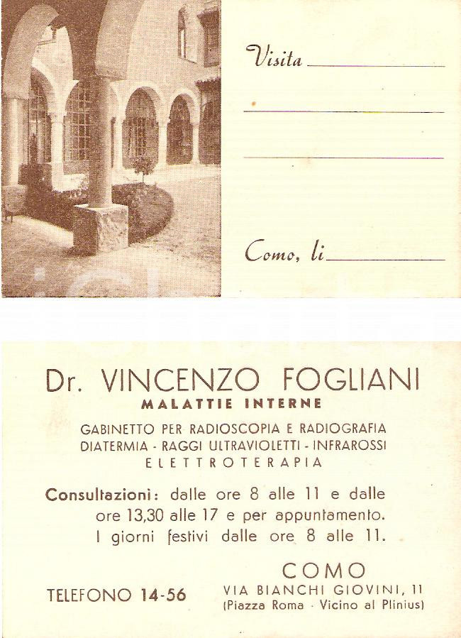 Oggetto da collezione cartaceo 1940ca COMO Via Bianchi Giovini 11 Medico Vincenzo FOGLIANI Elettroterapia 1