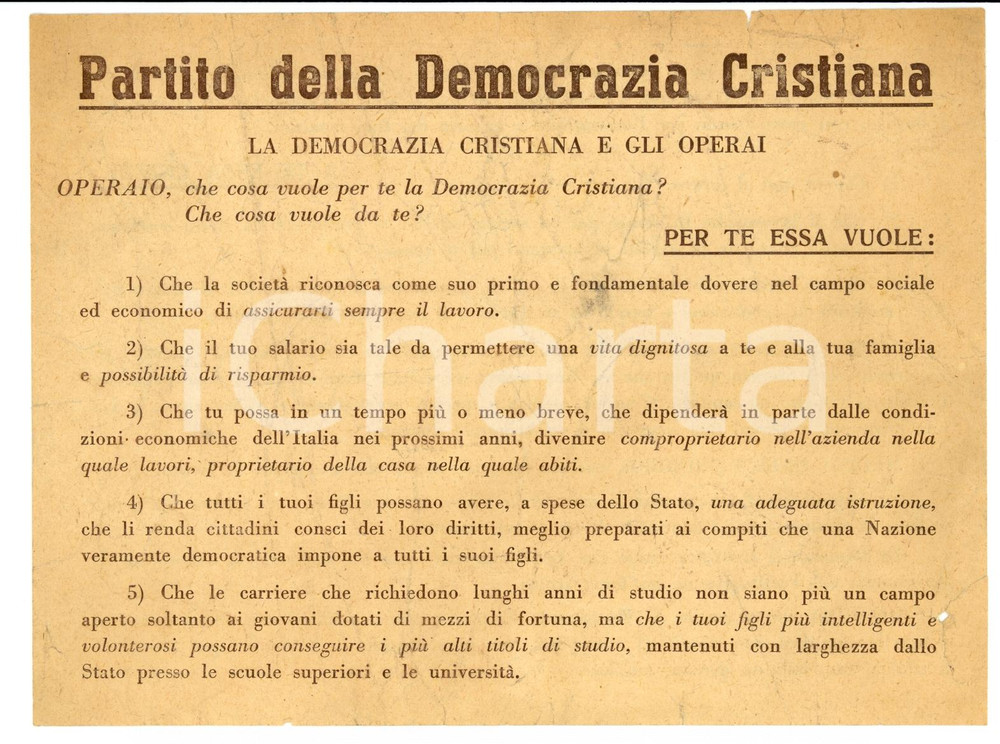 Oggetto da collezione cartaceo 1950 La DEMOCRAZIA CRISTIANA e gli operai Volantino 1