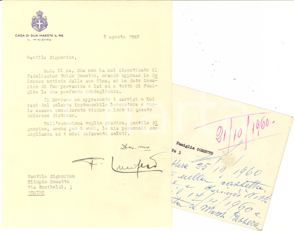 Autografo originale 1960 TORINO Falcone LUCIFERO in morte di Guido COMETTO 1