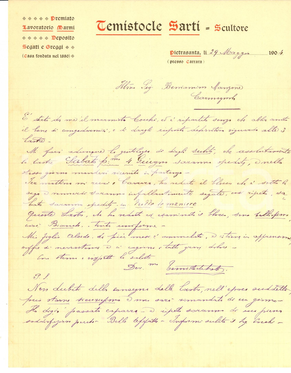 Documento originale, autentico 1904 PIETRASANTA LU Temistocle SARTI valuta marmo di Carrara 1