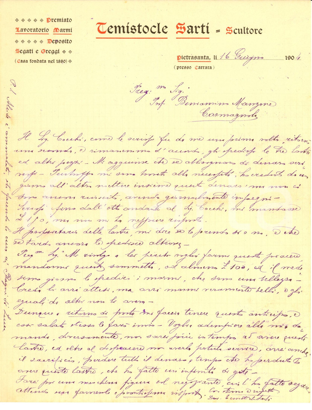 Documento originale, autentico 1904 PIETRASANTA LU Temistocle SARTI scultore procura lastre di marmo 1