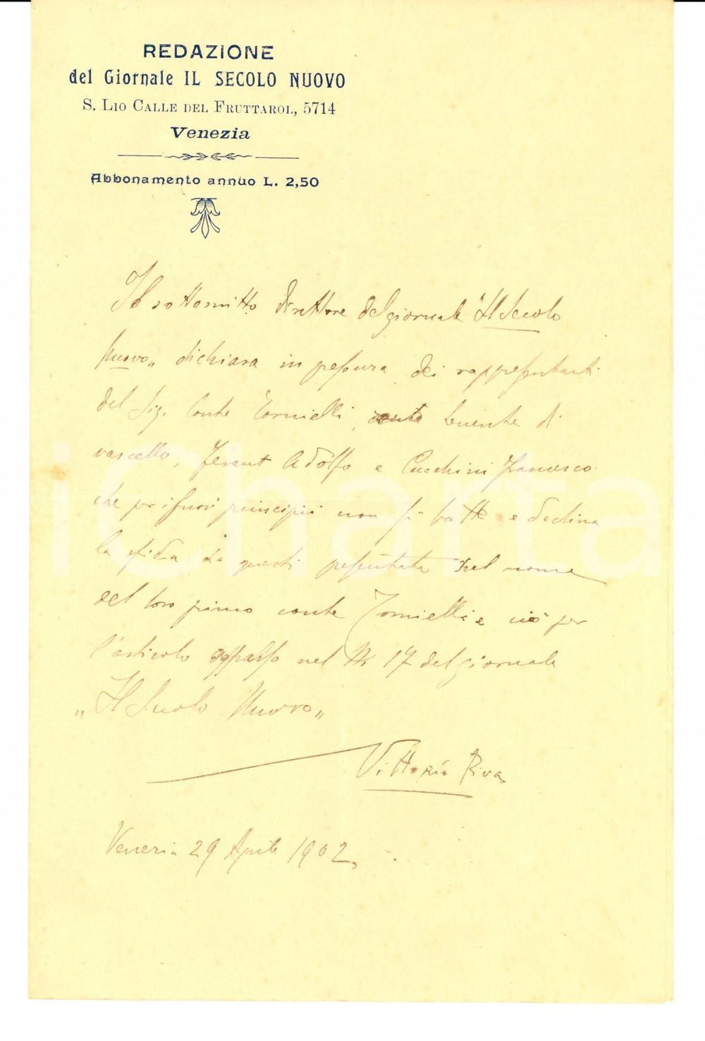 Autografo originale 1902 VENEZIA IL SECOLO NUOVO giornalista Vittorio PIVA rifiuta duello Autografo 1