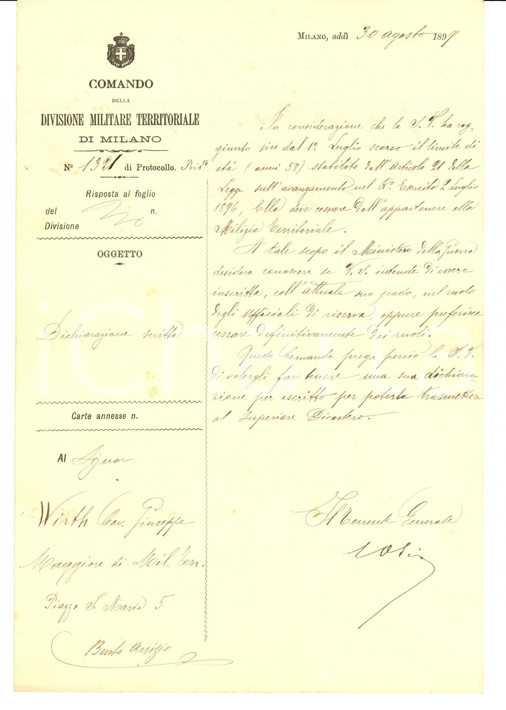 Documento originale, autentico 1899 MILANO Giuseppe WIRTH congedato per etÃ  dalla Milizia Territoriale 1