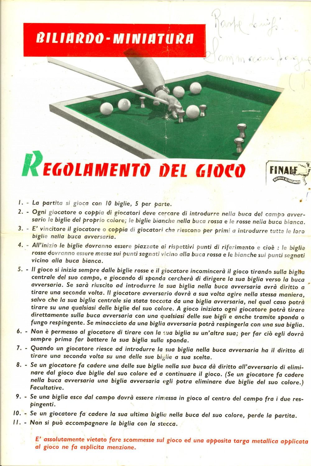 Materiale pubblicitario d’epoca 1955 ca Regolamento BILIARDO MINIATURA marca FINALE Locandina DANNEGGIATA 1