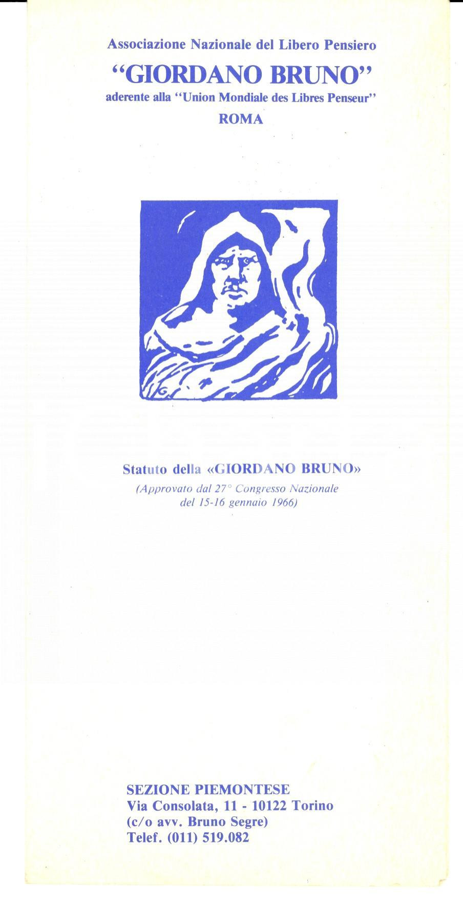 Materiale pubblicitario d’epoca 1966 TORINO Associazione Libero Pensiero GIORDANO BRUNO Statuto 1
