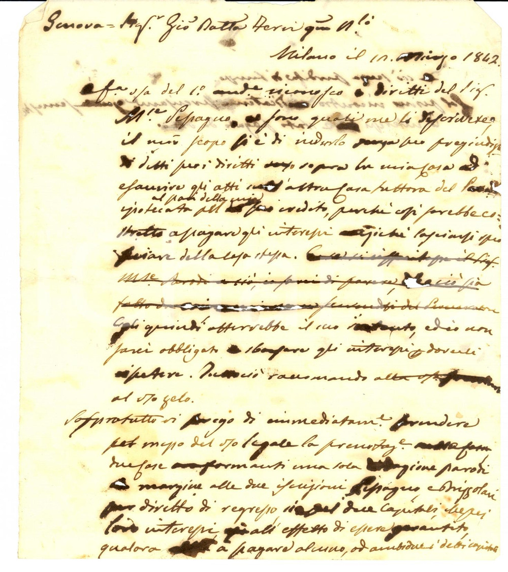 Manoscritto, lettera originale 1842 MILANO Carlo MONETA rischia di perdere la casa 1