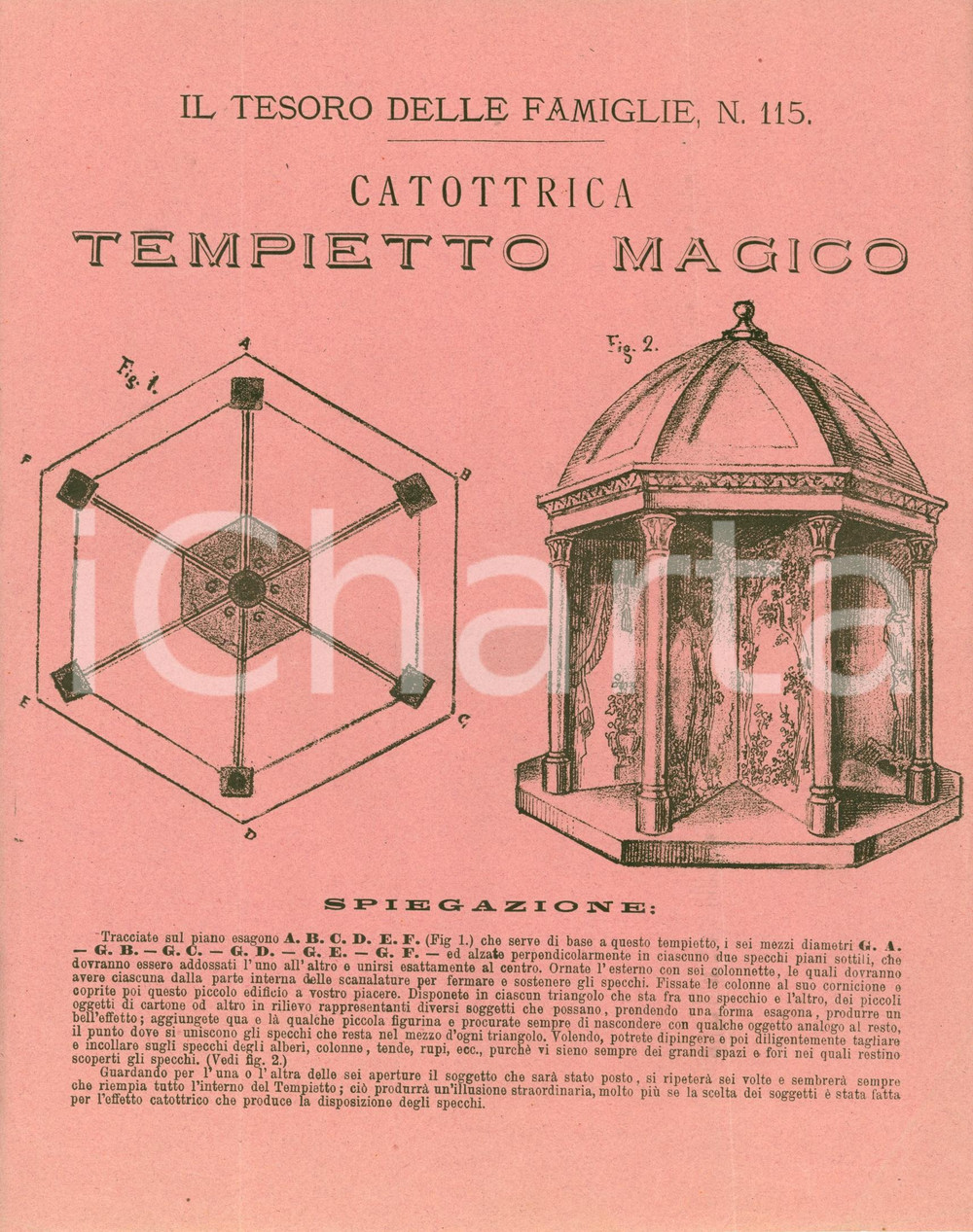 Oggetto da collezione cartaceo 1880 ca TESORO FAMIGLIE Istruzioni per tempietto magico ILLUSTRATO 1