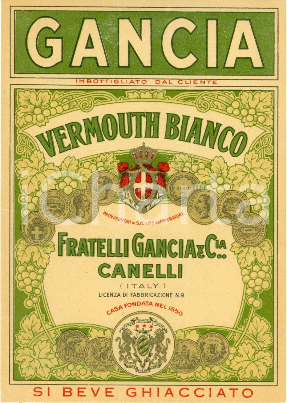 Materiale pubblicitario d’epoca 1940 ca CANELLI AT Fratelli GANCIA Etichetta VERMOUTH bianco 3 1