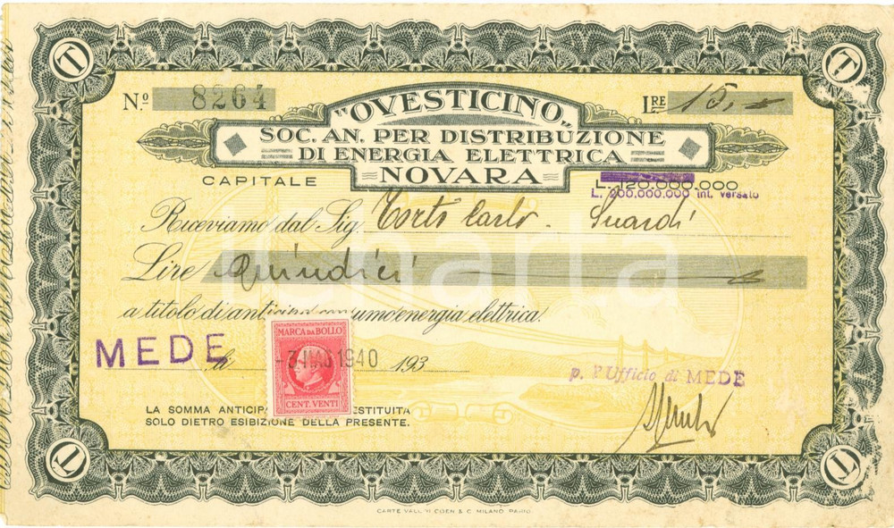 Documento originale, autentico 1940 MEDE PV Energia elettrica OVESTICINO Ricevuta per Carlo TORTI 1