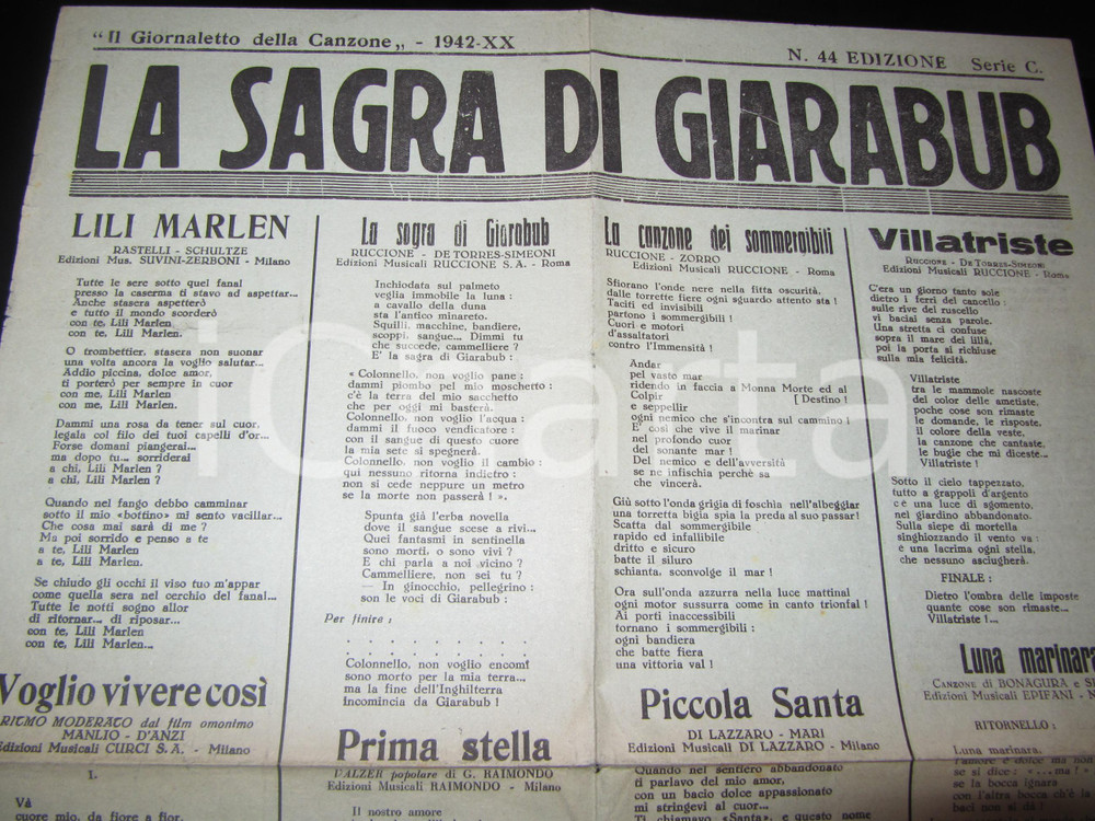 Documento originale, autentico 1942 CANZONIERE FASCISTA Giornaletto della Canzone 31 x 42 cm LILI MARLEN 1