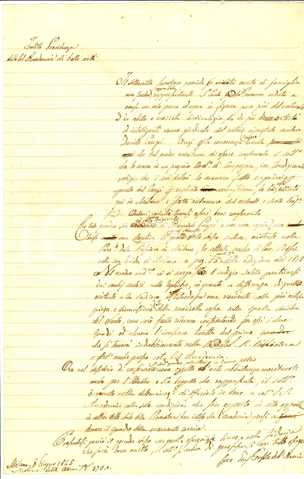 Documento originale, autentico 1845 MILANO Giuseppe CONSOLE DALL ARMI dona quadro Daniele CRESPI a BRERA 1