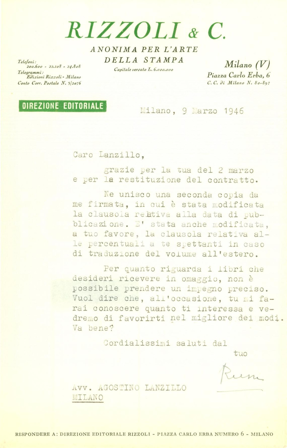 Autografo originale 1946 MILANO Luigi RUSCA non puÃ² promettere libri gratis 1