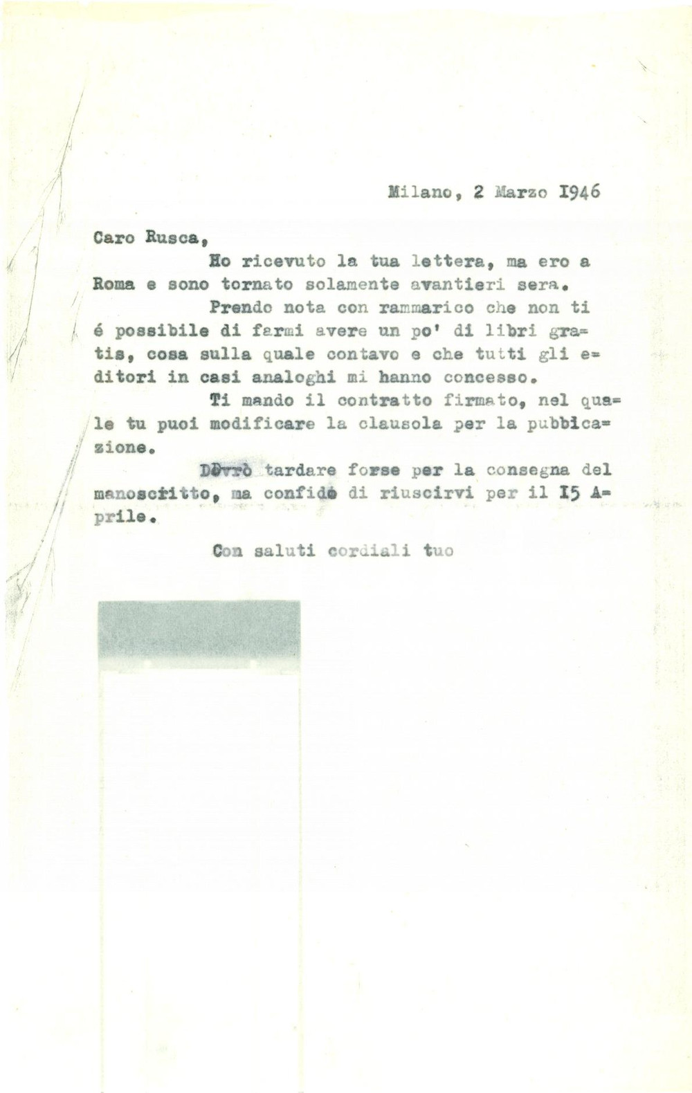 Manoscritto, lettera originale 1946 MILANO Niente libri gratis per Agostino LANZILLO 1