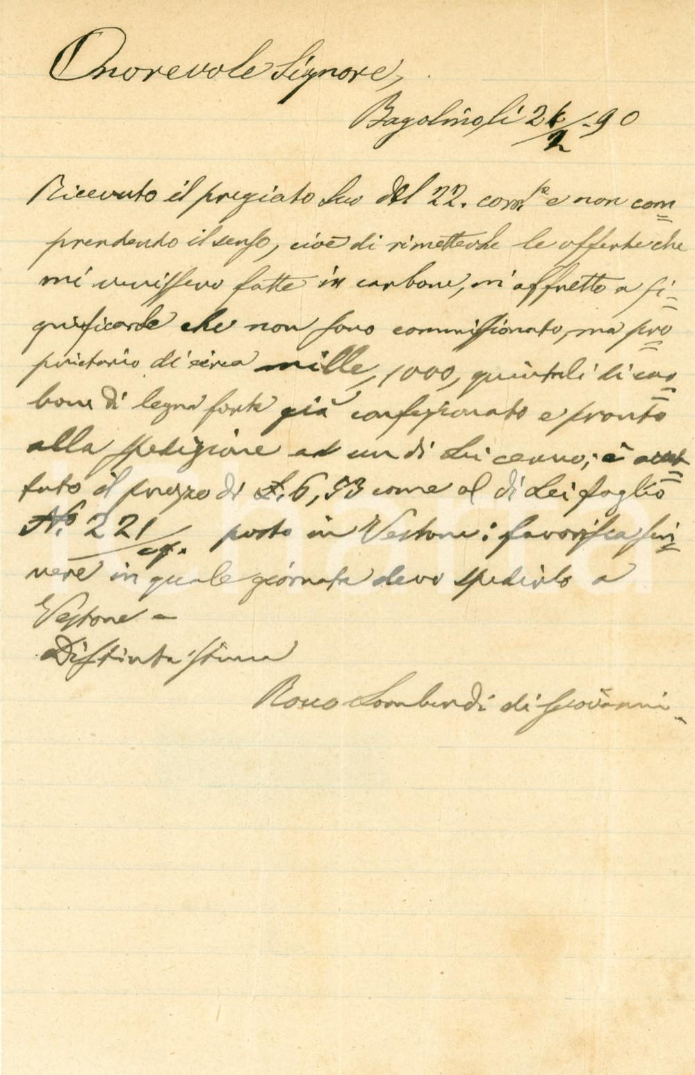 Manoscritto, lettera originale 1890 BAGOLINO Rocco LOMBARDI possiede 1000 kg carbone  Lettera 1