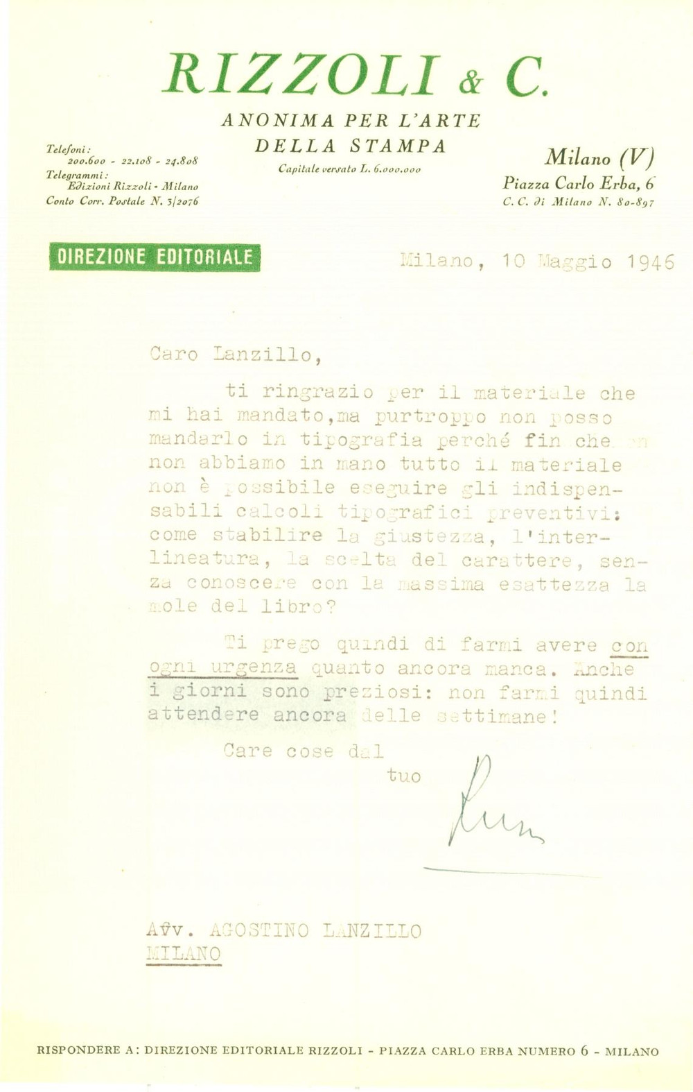 Autografo originale 1946 MILANO CASA EDITRICE RIZZOLI Luigi RUSCA attende con urgenza un manoscritto 1