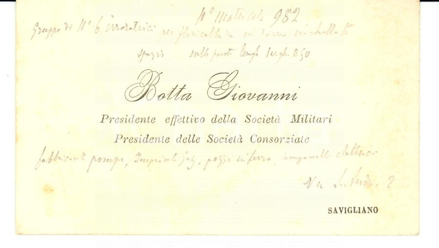 Oggetto da collezione cartaceo 1900 SAVIGLIANO CN Biglietto Giovanni BOTTA Presidente Società  Militari 1