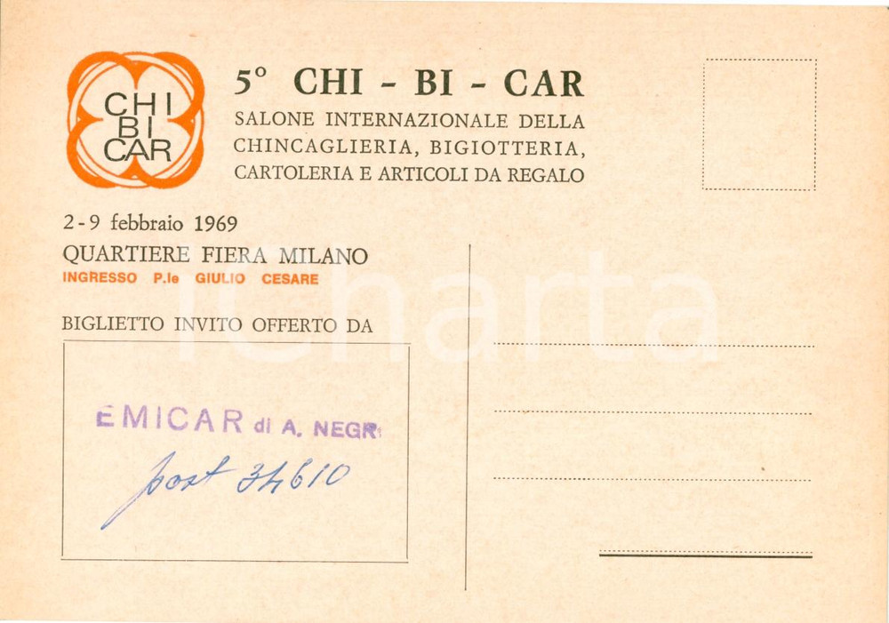 Oggetto da collezione cartaceo 1969 MILANO FIERA Biglietto d invito 5° Salone chincaglieria CHIBICAR 1