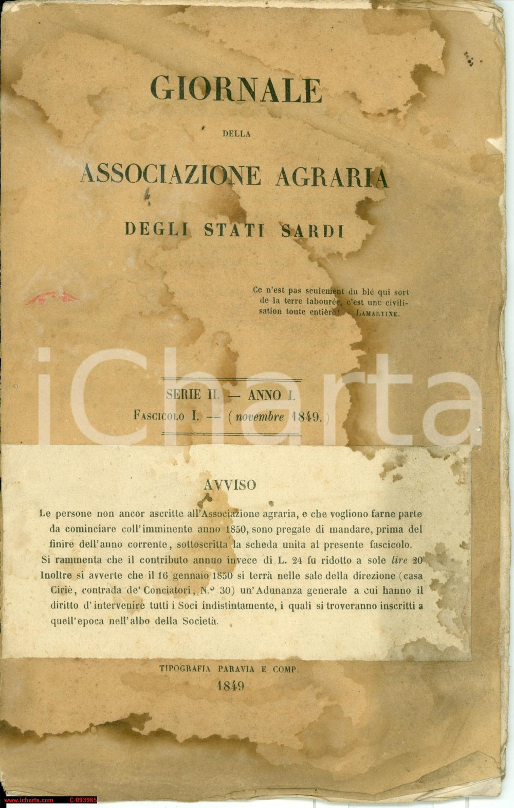 Giornale, rivista storica 1849 Giornale ASSOCIAZIONE AGRARIA STATI SARDI numero 1 1