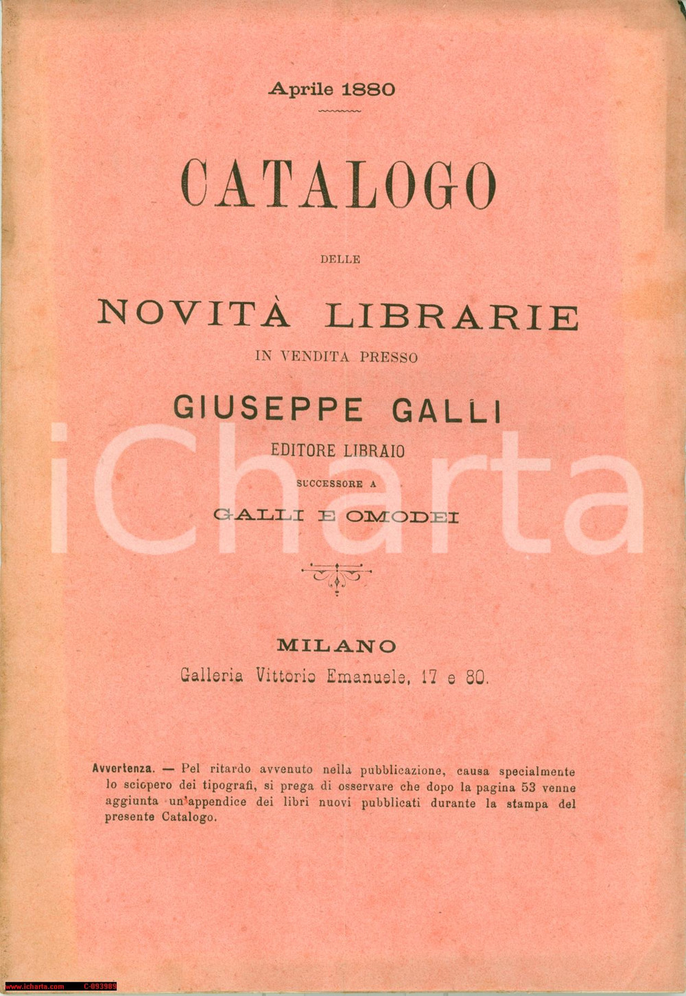 Libro, pubblicazione d epoca 1880 MILANO Catalogo novità librarie Giuseppe GALLI 1