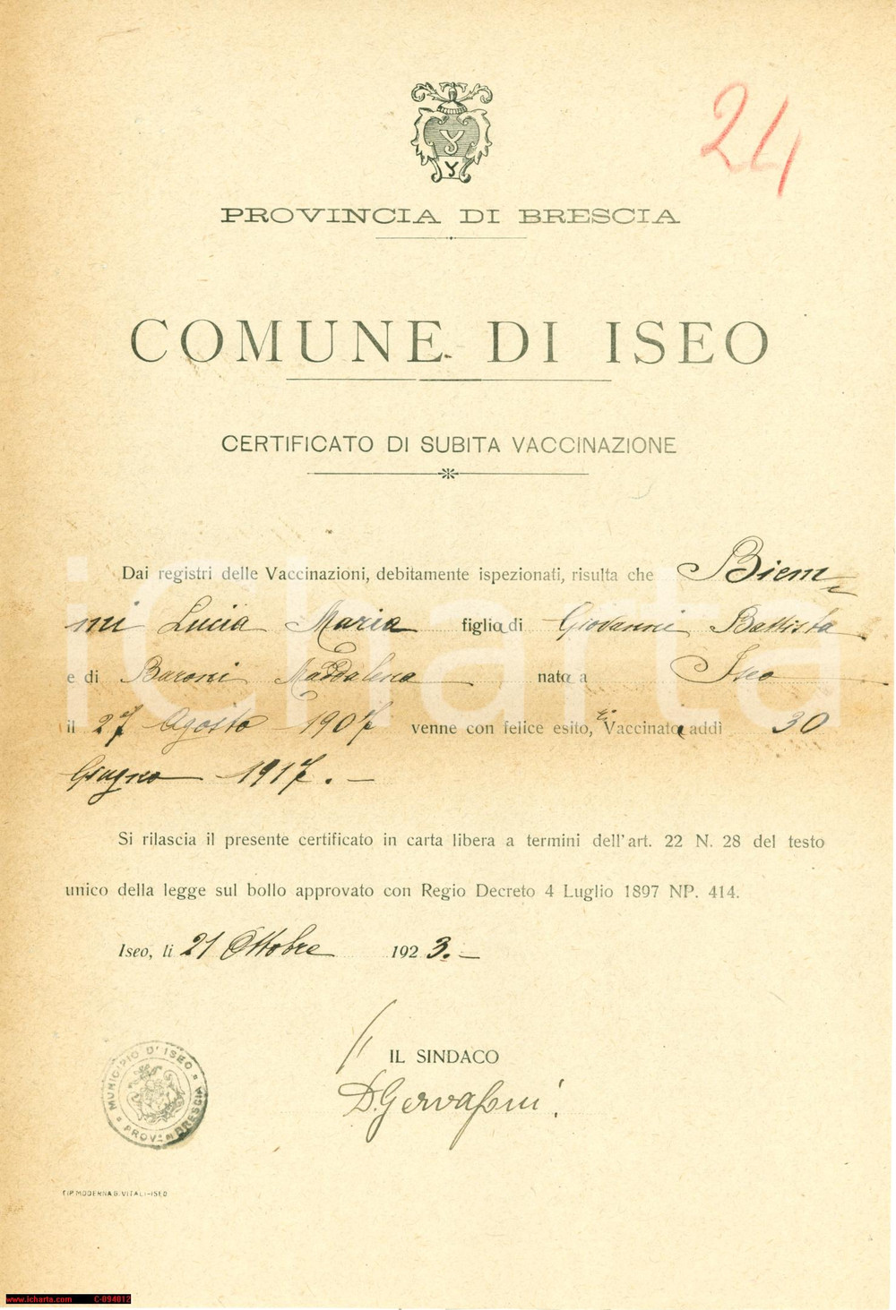 Documento originale, autentico 1923 ISEO BS Vaccinazione di Lucia Maria BIEMMI 1