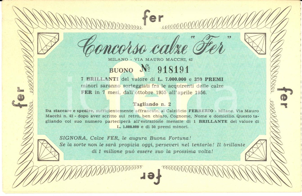 Oggetto da collezione cartaceo 1955 MILANO Concorso calze del calzaturificio FERRERIO 1