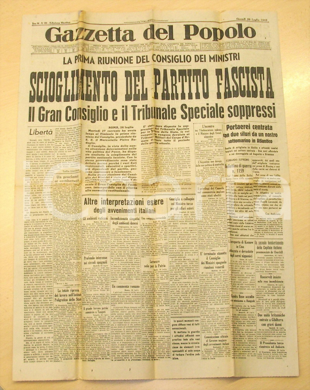 Giornale, rivista storica 1943 GAZZETTA DEL POPOLO Scioglimento del Partito Fascista 1