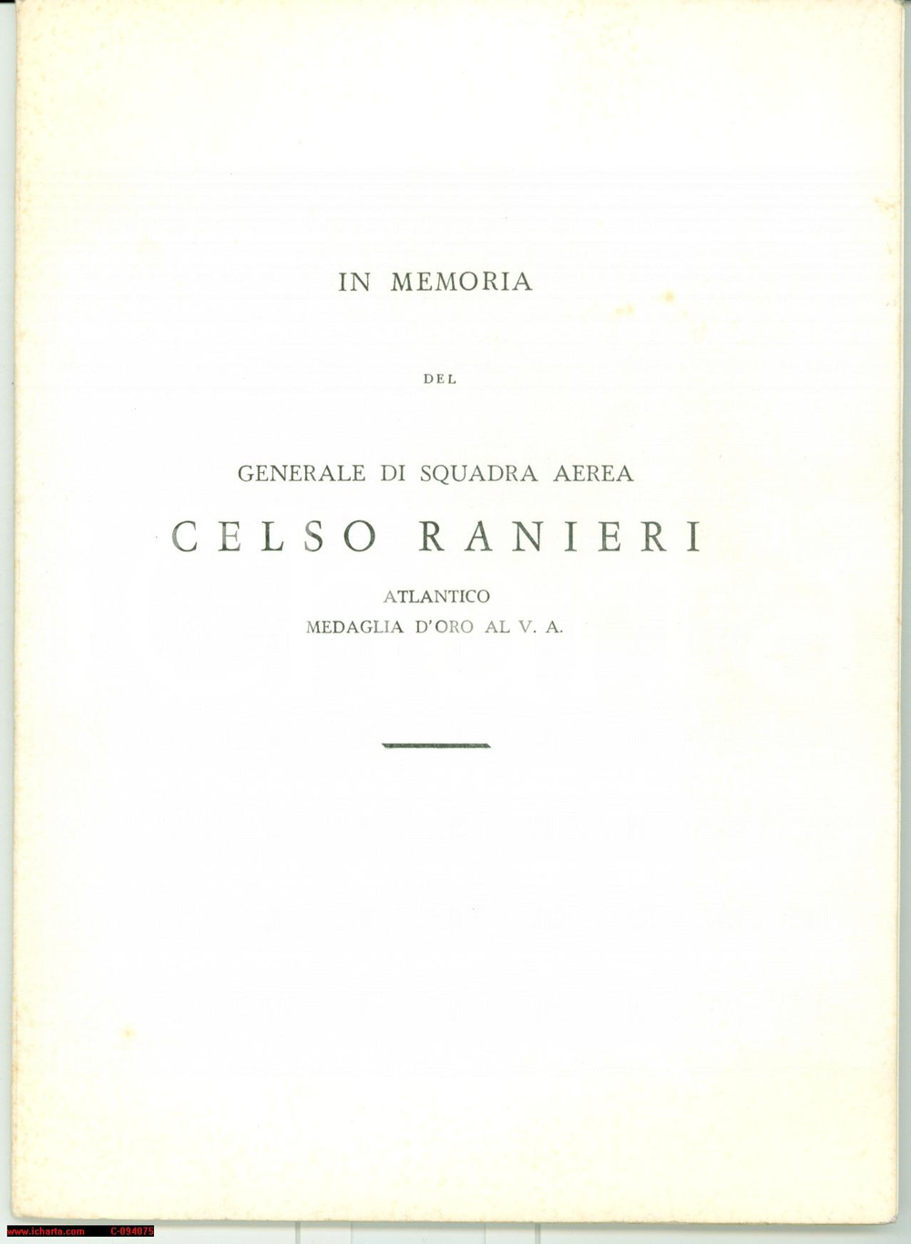 Oggetto da collezione cartaceo 1966 PERUGIA In memoria del generale Celso RANIERI 1