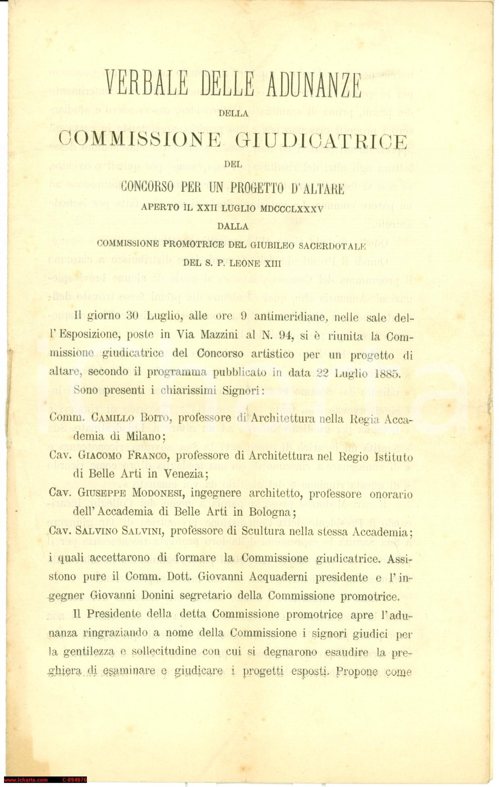 Documento originale, autentico 1886 BOLOGNA Scultore Gaetano MORETTI vince concorso per altare a LEONE XIII 1