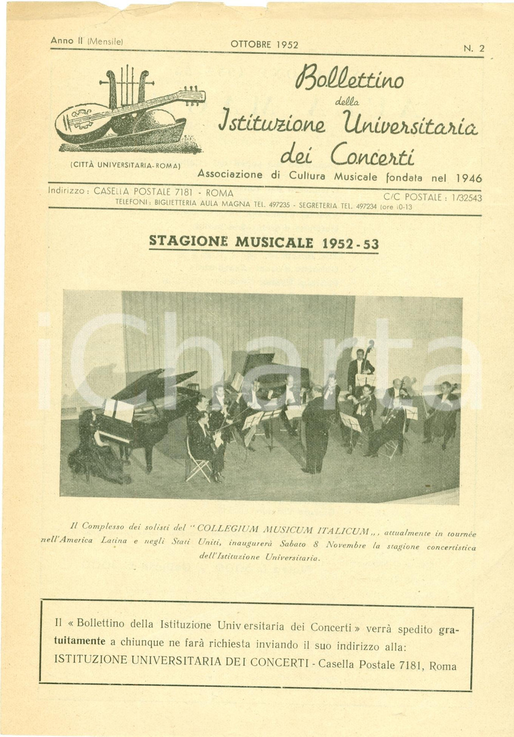 Materiale pubblicitario d’epoca 1952 ROMA Nuova stagione musicale CittÃ  Universitaria 1
