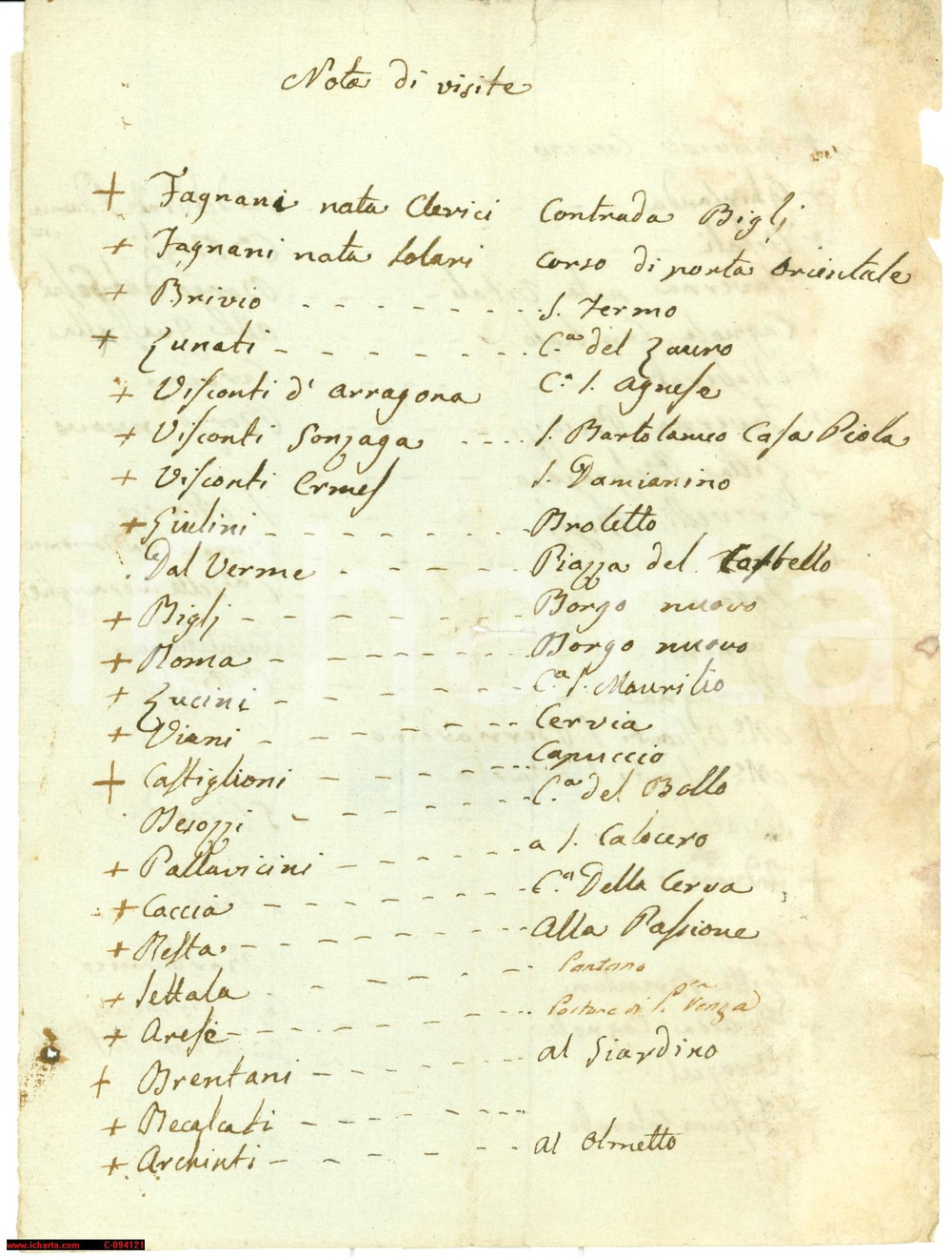 Documento originale, autentico 1830 ca MILANO Nota di visite e indirizzi della nobiltà cittadina Manoscritto 1