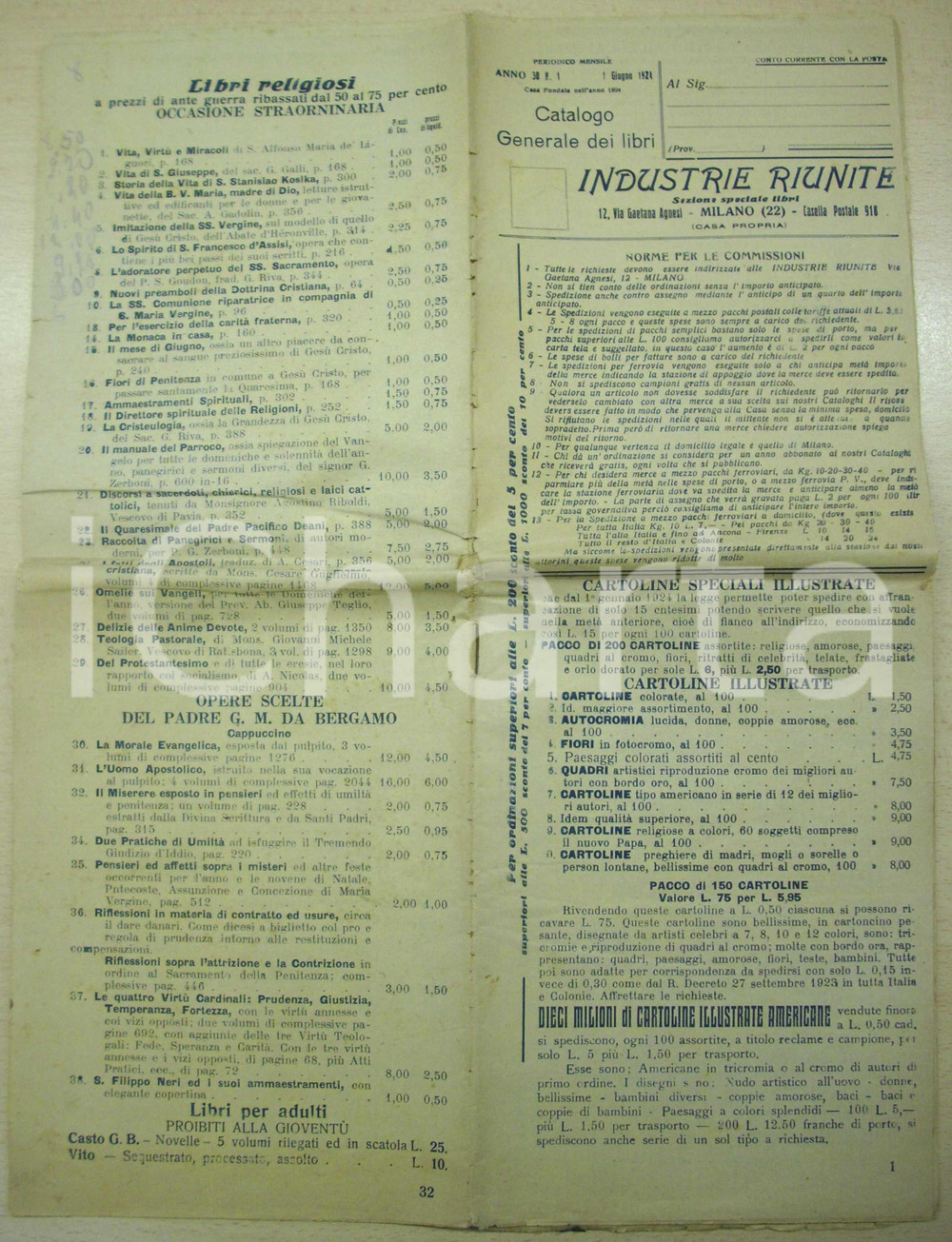 Materiale pubblicitario d’epoca 1924 Catalogo INDUSTRIE RIUNITE libri e cartoline americane 1