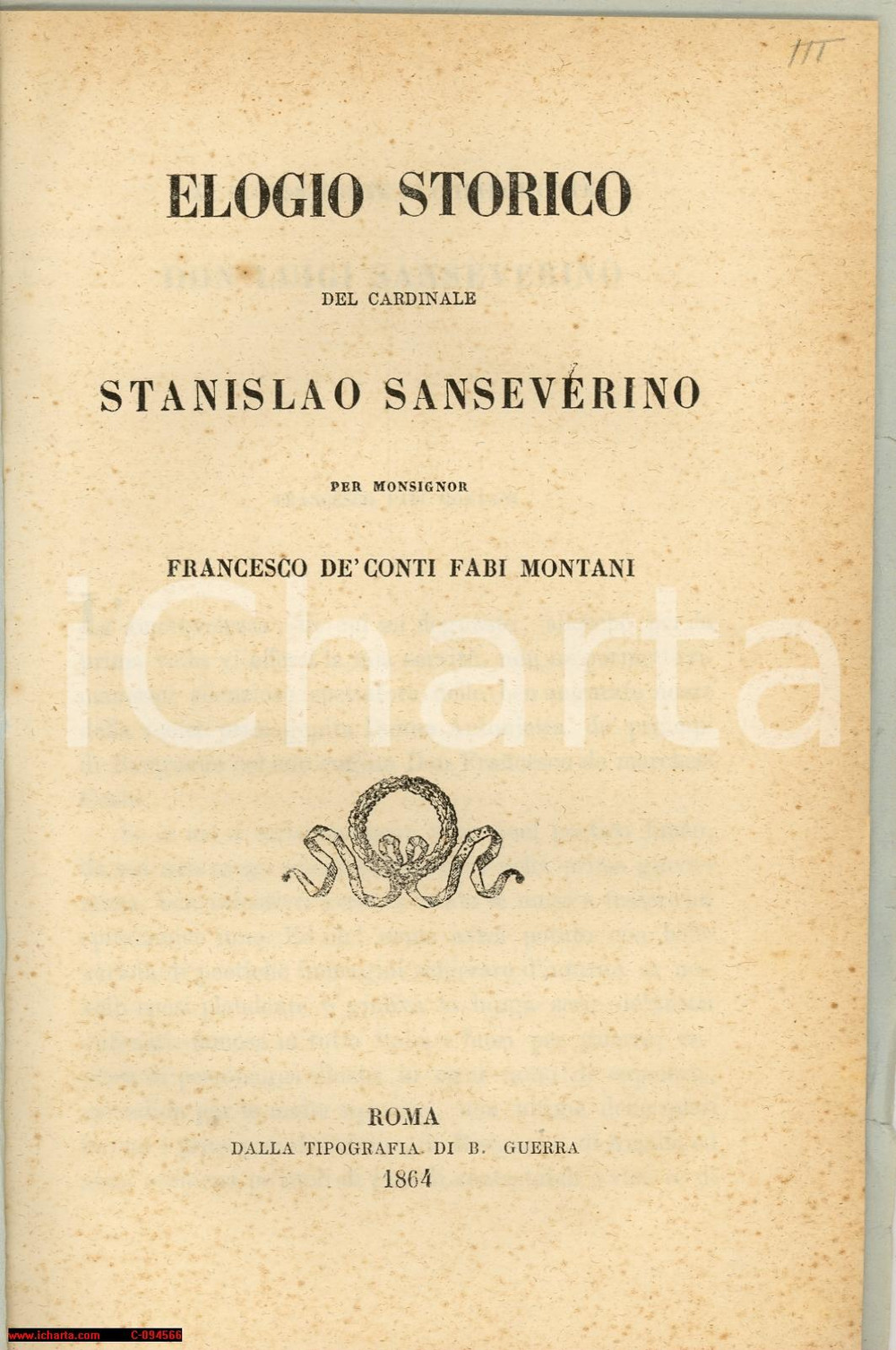 Libro, pubblicazione d epoca 1864 Francesco FABI MONTANI Elogio del Cardinal Stanislao SANSEVERINO  Libretto 1