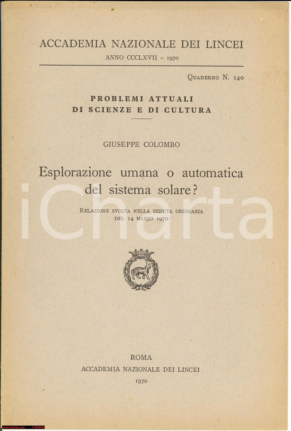 Libro, pubblicazione d epoca 1970 Giuseppe COLOMBO Esplorazione umana del sistema solare Opuscolo 1