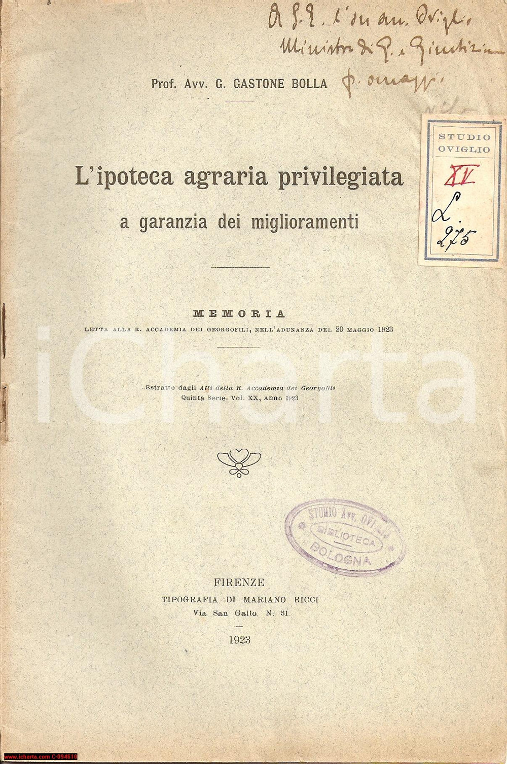 Oggetto da collezione cartaceo 1923 Gastone BOLLA Ipoteca agraria Omaggio Aldo OVIGLIO Autografo 1