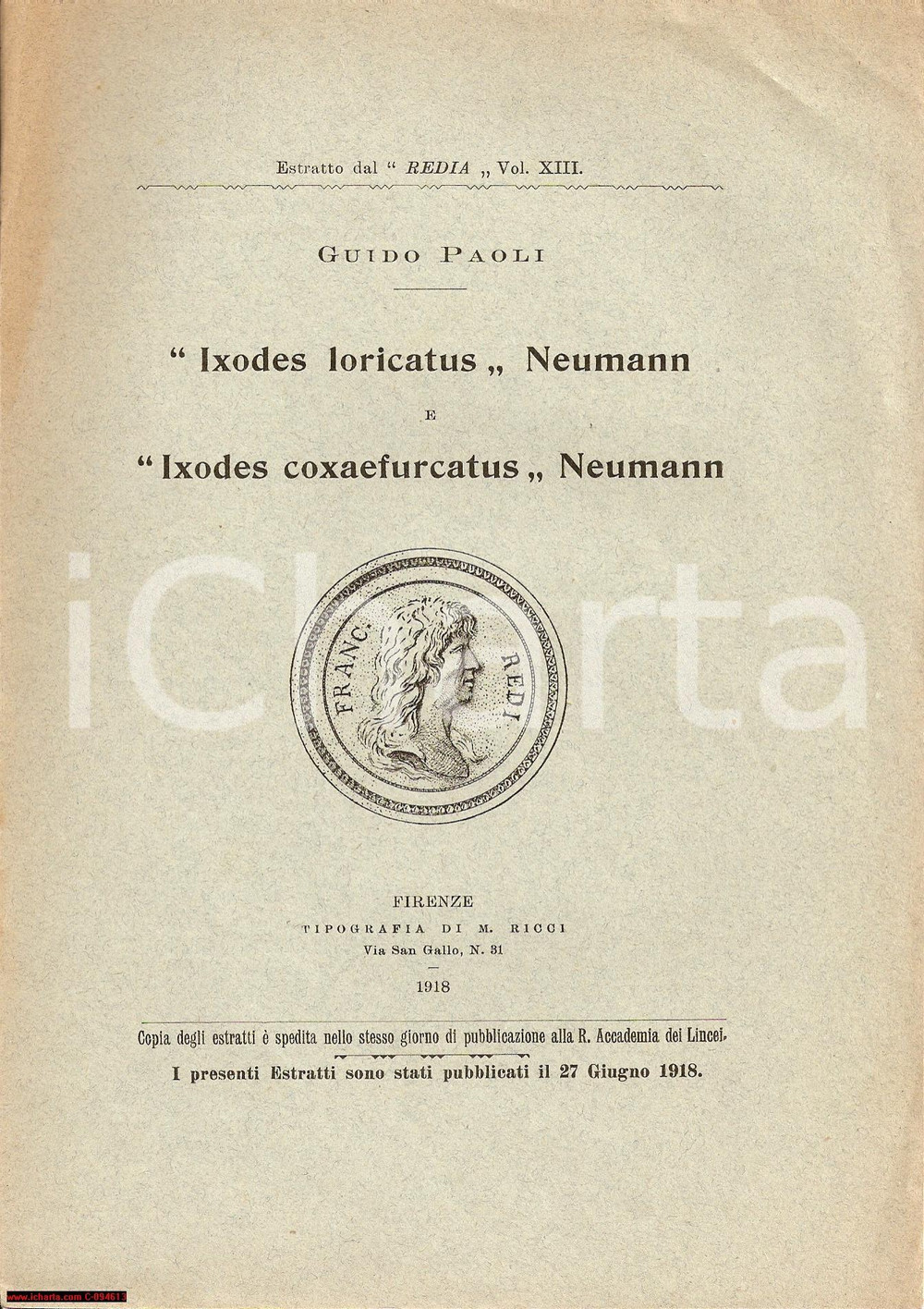 Libro, pubblicazione d epoca 1918 Guido PAOLI Entomologia Ixodes NEUMANN 1