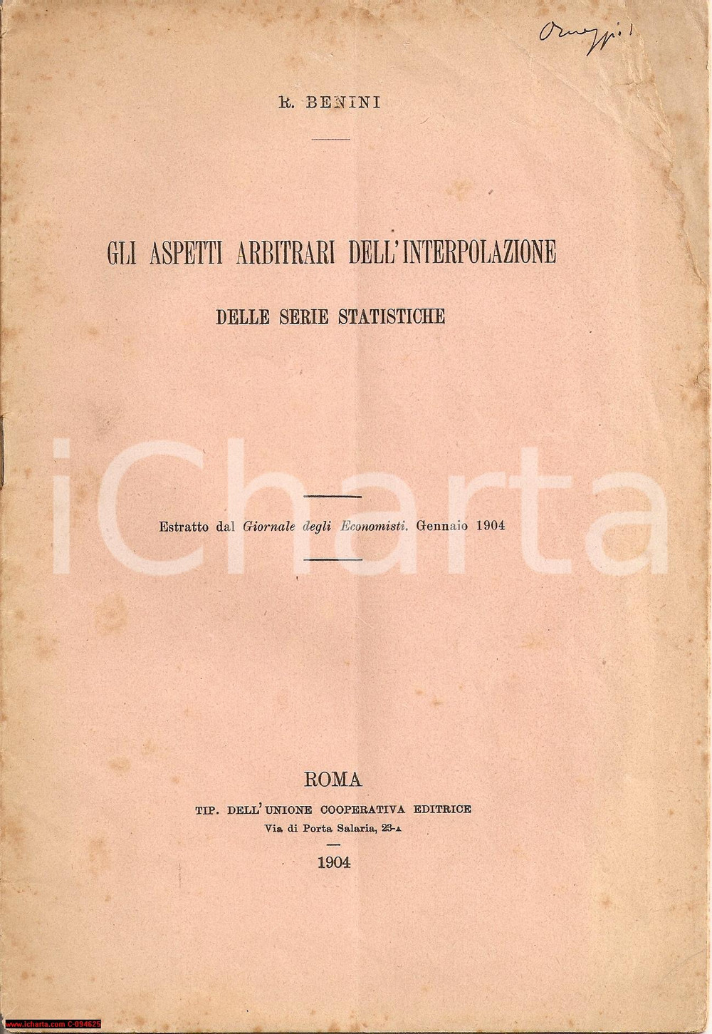 Libro, pubblicazione d epoca 1904 Rodolfo BENINI Gli aspetti arbitrari delle interpolazioni statistiche 1