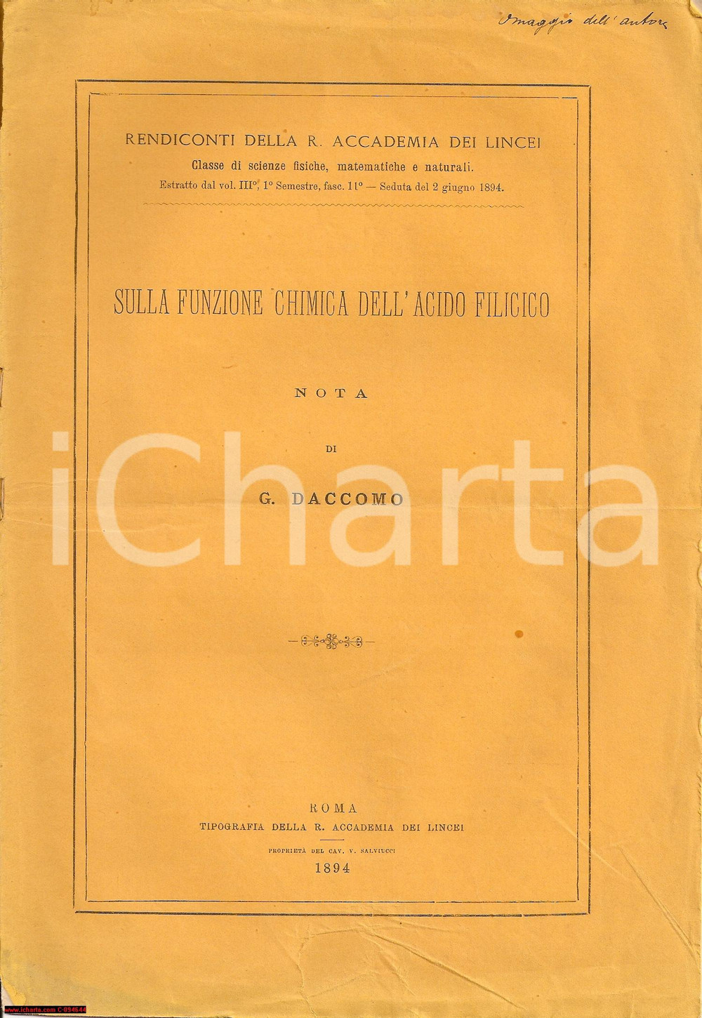 Libro, pubblicazione d epoca 1894 Girolamo DACCOMO Funzione chimica acido FILICICO 1