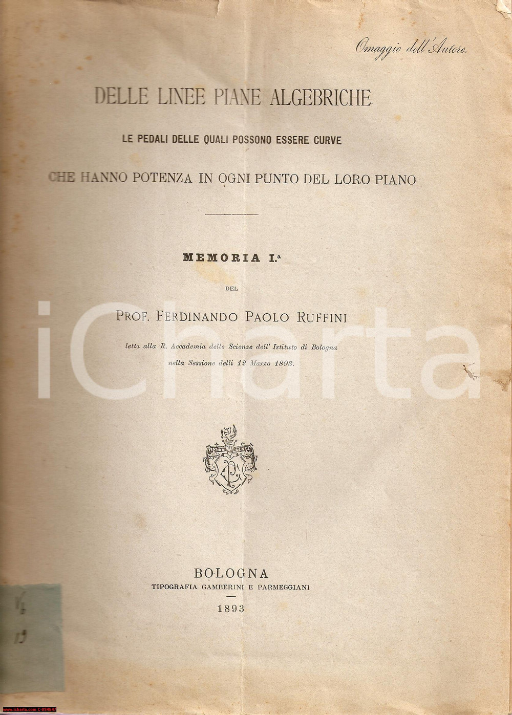 Libro, pubblicazione d epoca 1893 DELLE LINEE PIANE ALGEBRICHE Ferdinando RUFFINI Memoria I Libretto 1