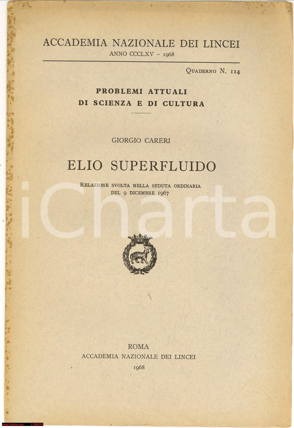 Oggetto da collezione cartaceo 1968 Giorgio Careri – Elio superfluido. Relazione Accademia dei Lincei Libretto 1