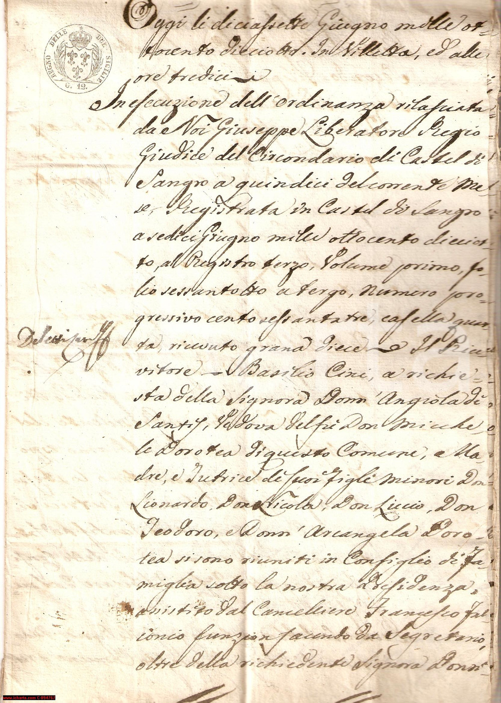 Manoscritto, lettera originale 1818 VILLETTA BARREA Riunione masseria famiglia DOROTEA 1