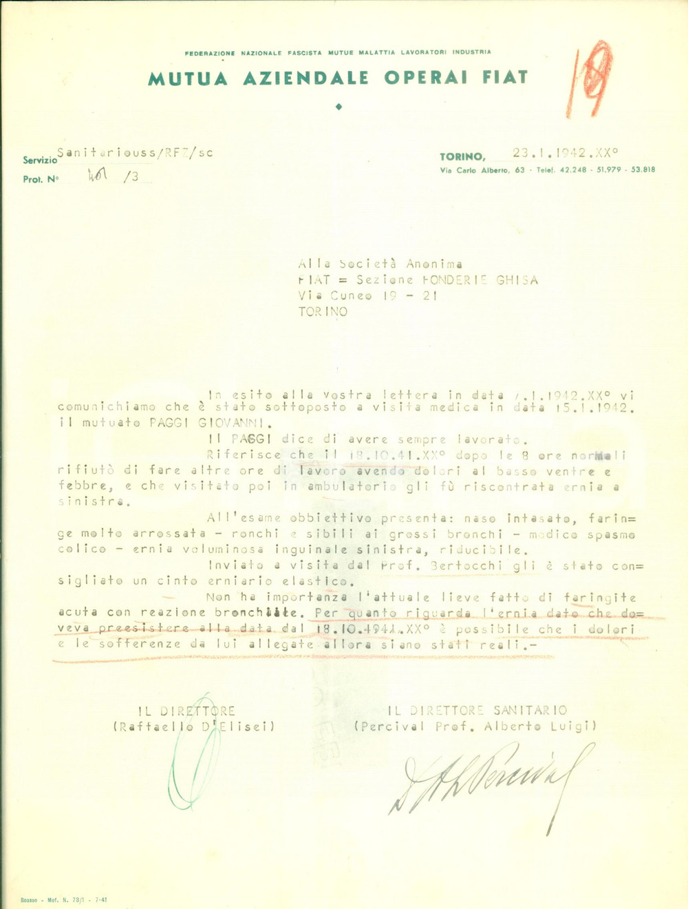 Documento originale, autentico 1942 TORINO Mutua Operai FIAT Giovanni PAGGI malato di ernia dopo il lavoro Foto 1