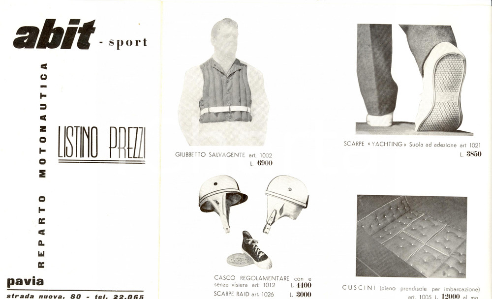 Materiale pubblicitario d’epoca 1950 ca PAVIA Listino prezzi ABIT SPORT Reparto motonautica ILLUSTRATO 1