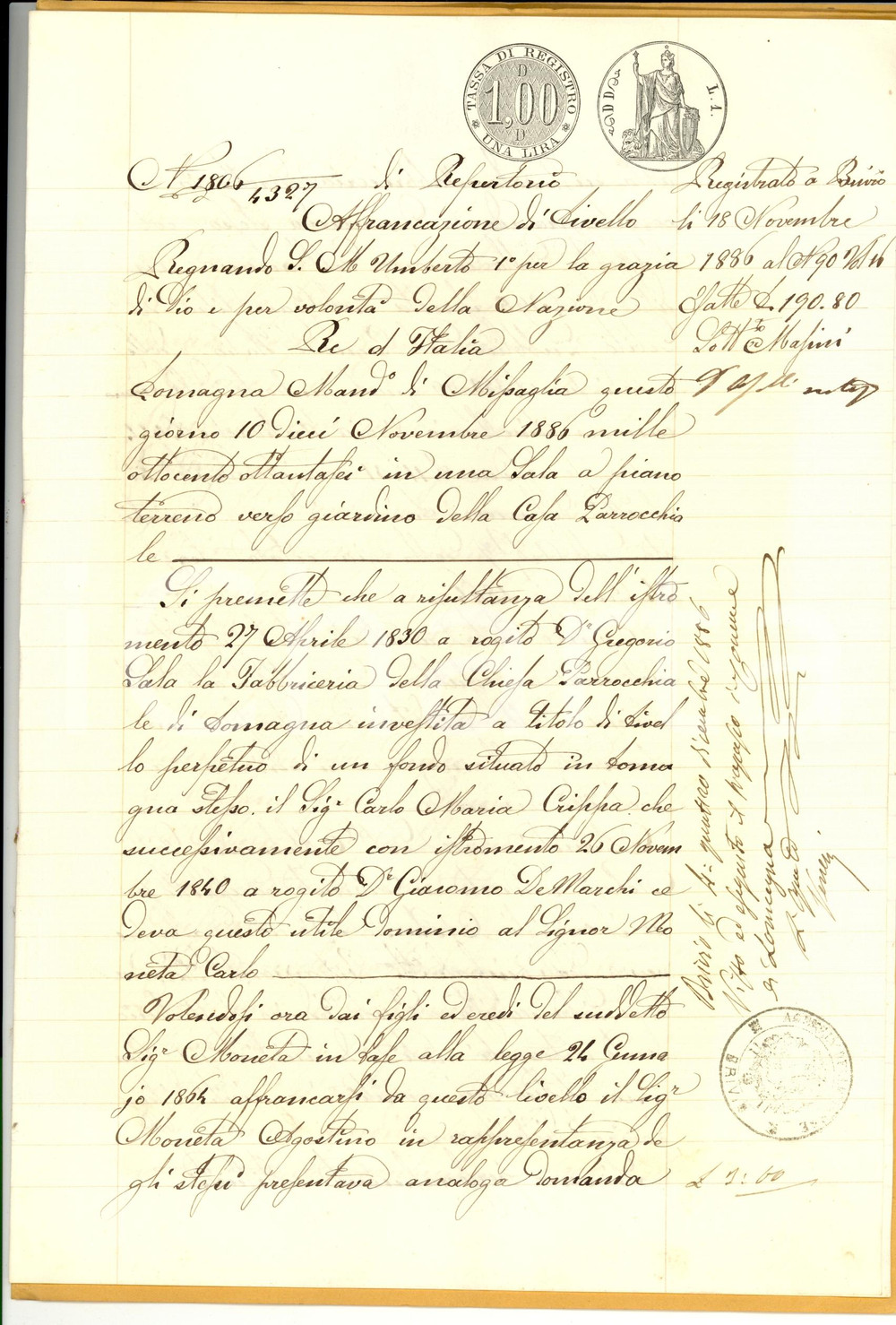 Documento originale, autentico 1886 LOMAGNA LC Agostino MONETA affranca livello Fabbriceria Parrocchiale 1