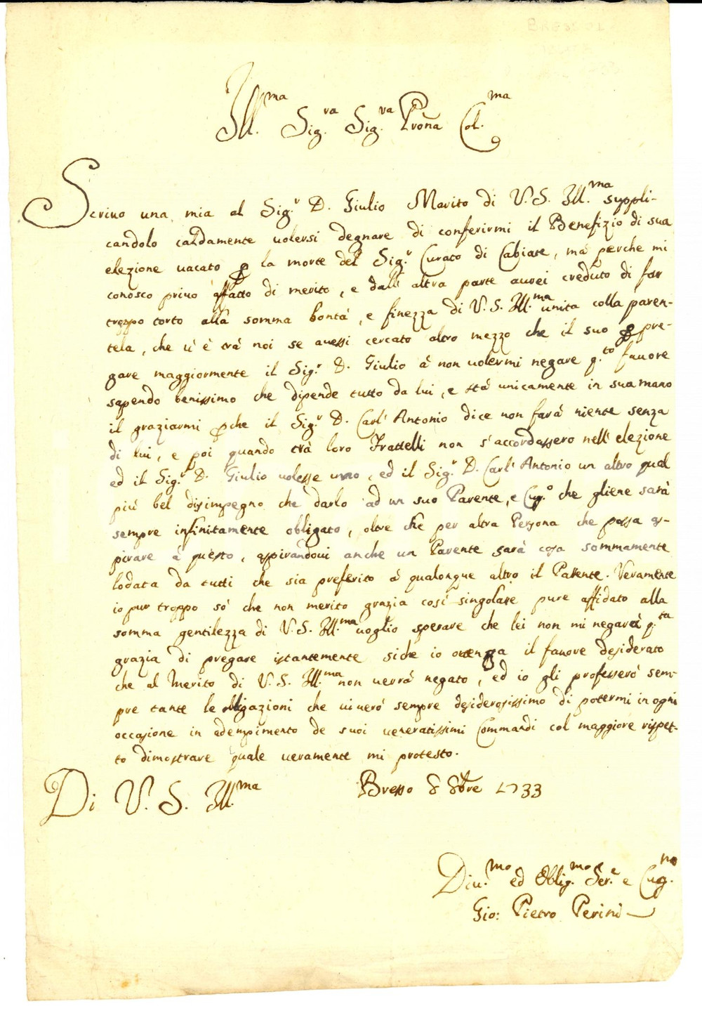 Documento originale, autentico 1733 BRESSO MI Supplica G. Pietro PERINI per beneficio ecclesiastico 1
